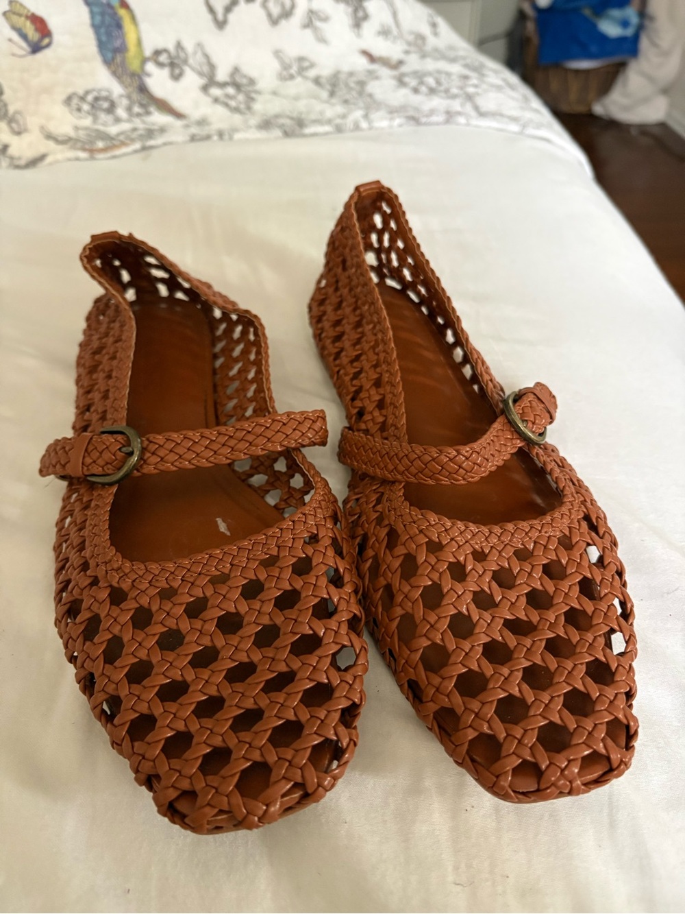 Woven Mary Jane Flats in Cognac Brown for Women